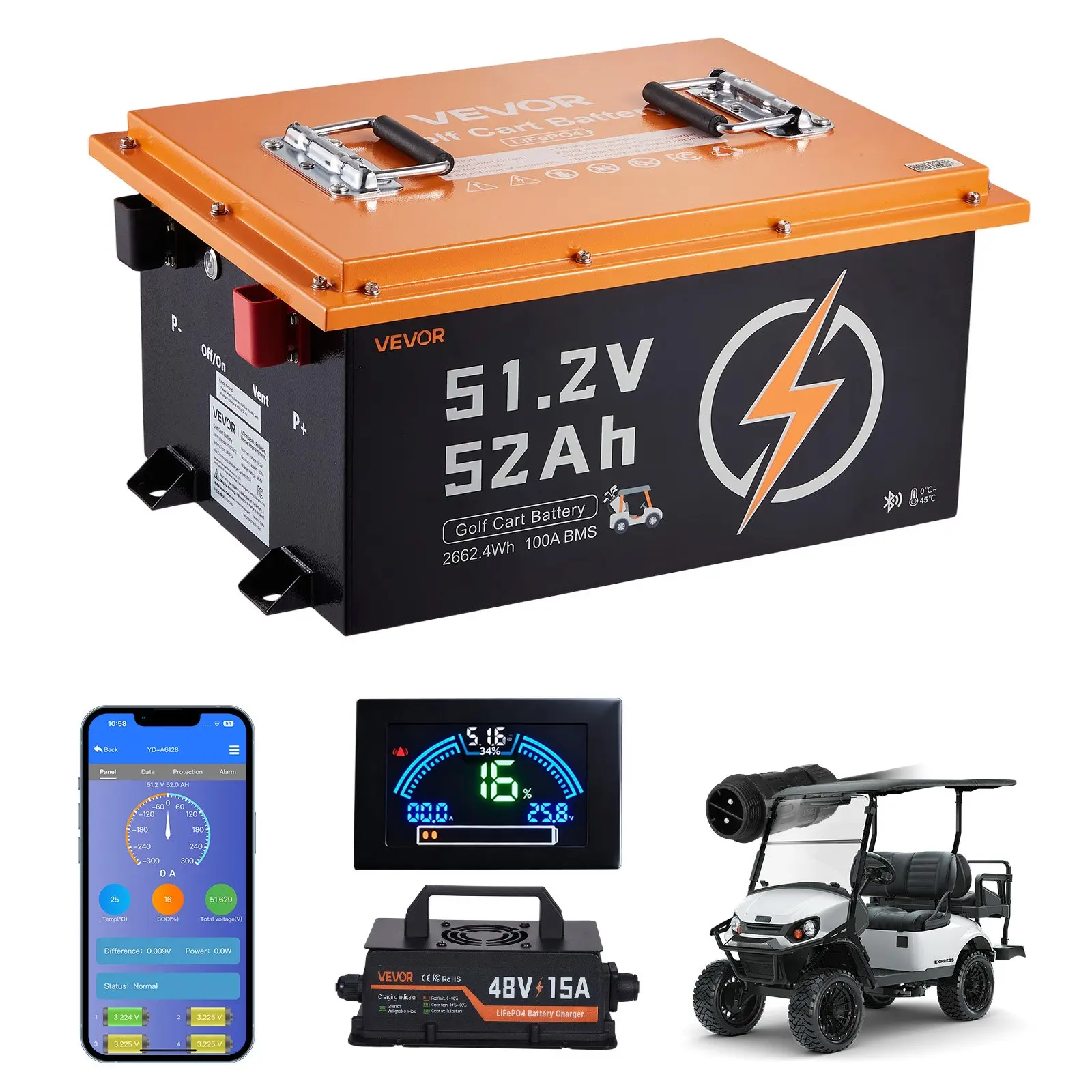VEVOR 48V (51.2V) 52AH LiFePO4 Golf Cart Battery Kit with 15A Charger, 100A BMS, Bluetooth APP, 2.3-inch Display Monitor, 4000 Cycles, Effortless Hill Climbing, 3.5H Fast & Reliable Charging, Real-Time Monitoring for Golf Carts, Trolling Motors, Batteries