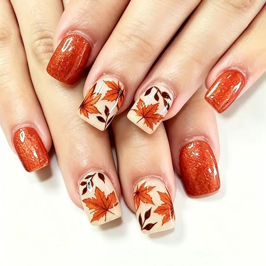 24pcs Short Square Nails, Autumn Winter Maple Leaf Branch Glitter Press-On Nails, Reusable Thanksgiving Nail Art for Women and Girls