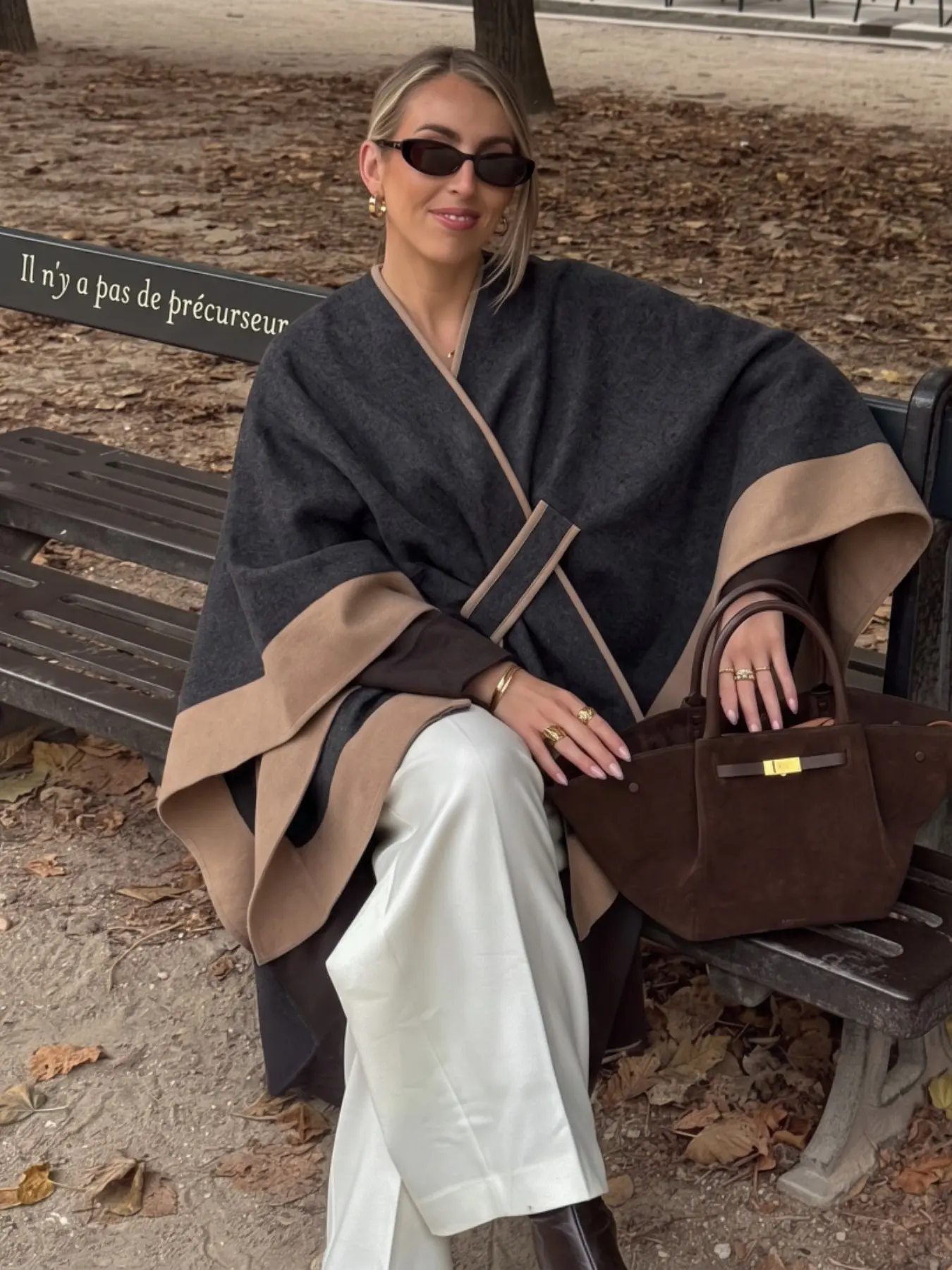 Women's Elegant Dark Camel Reversible Cape Shawl, Belted Wrap Poncho, Thick Warm Winter Outerwear, Modest Travel Cover Up