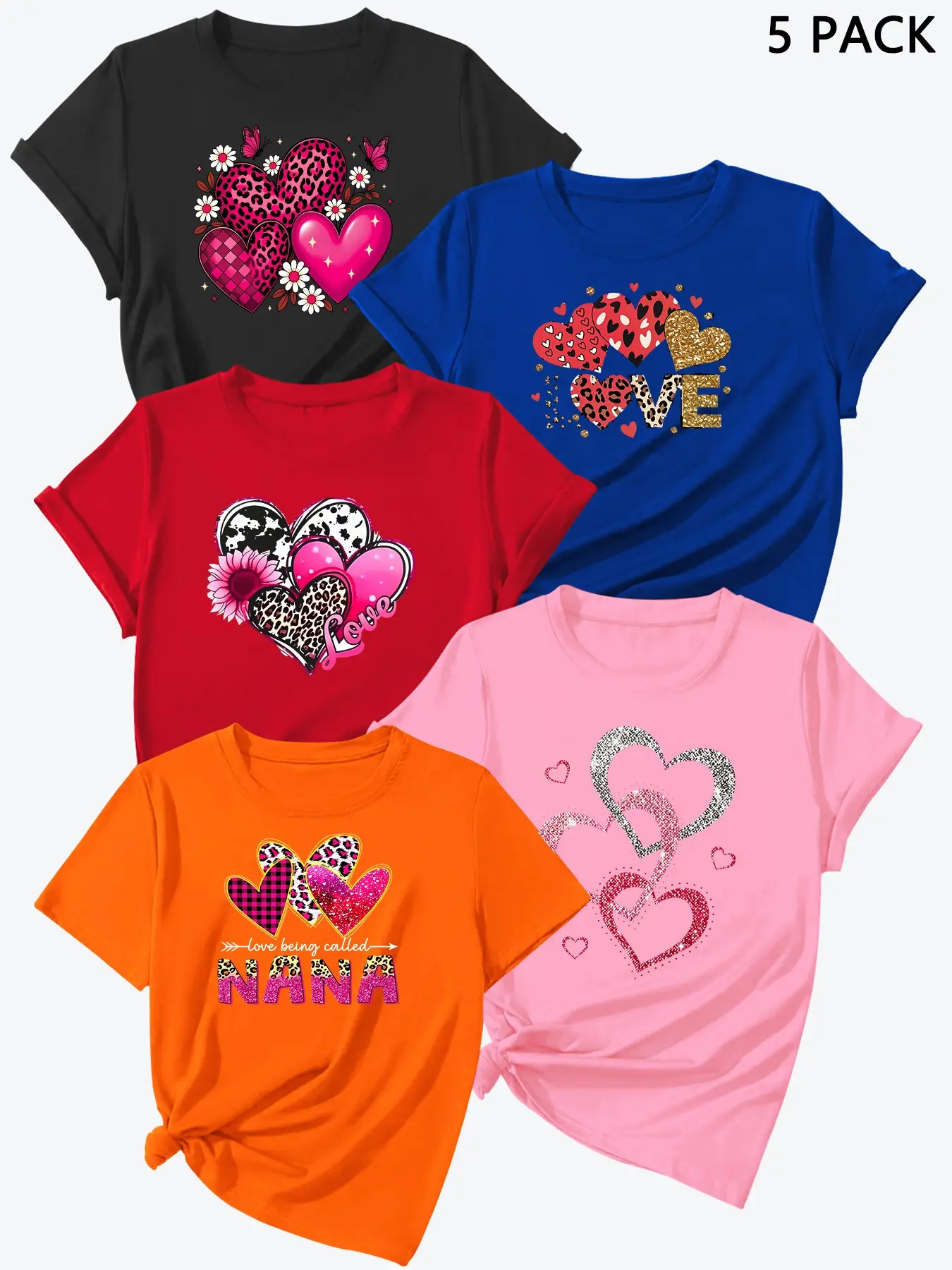 Summer New Letter Heart Print Short Sleeve T-Shirts, Casual Trendy Tee, 5 Pcs Set, Blue, High-Quality Women's Sports Tops, Casual Fitted Style, Casual Comfy Clothes
