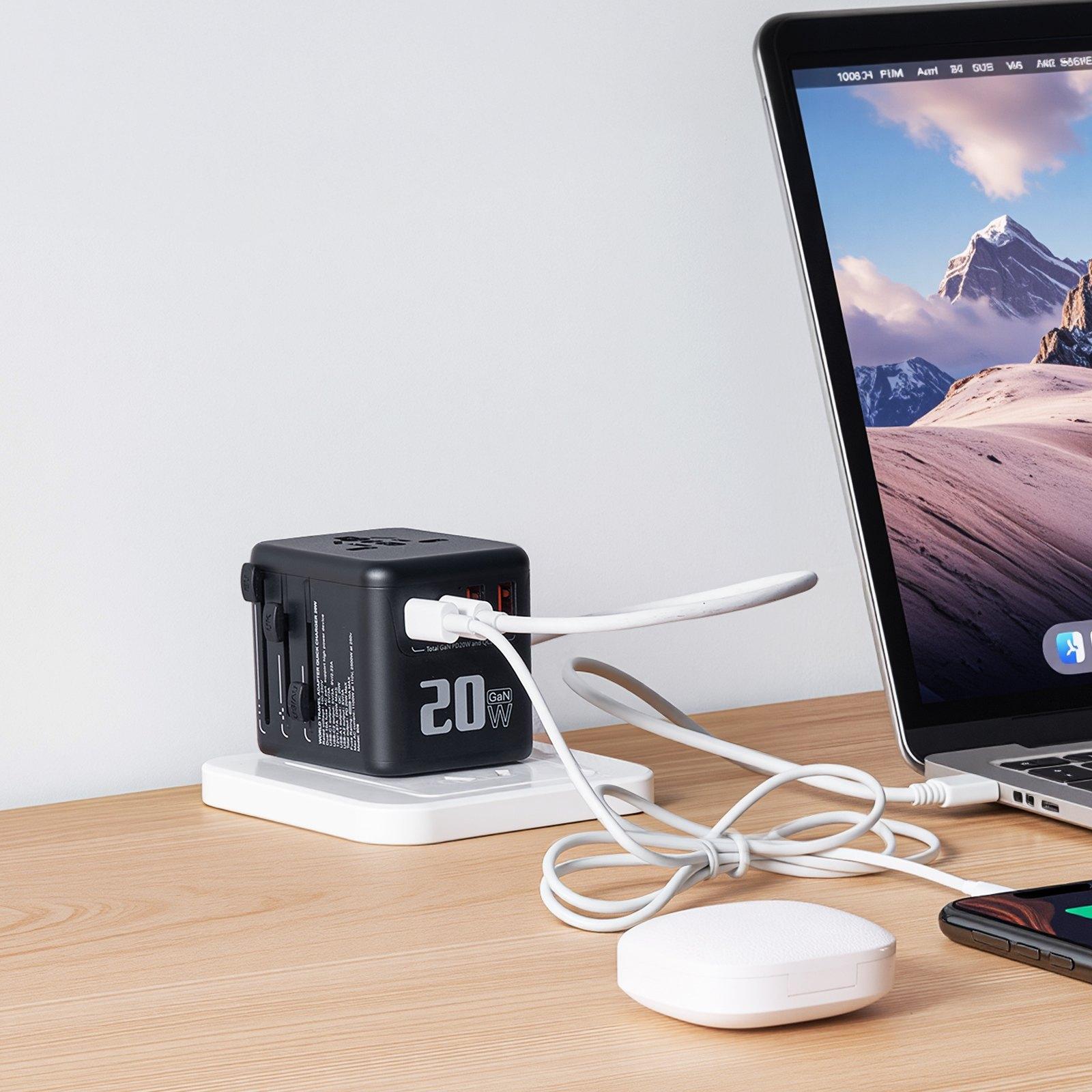 VEVOR Universal Travel Adapter, 5-in-1, International European Power Adapter with 2 USB-C, 2 USB-A Ports, 1 AC Outlet, 4 Different Plugs, Worldwide Plug Adaptor Wall Charger, for Europe UK EU AUS USA