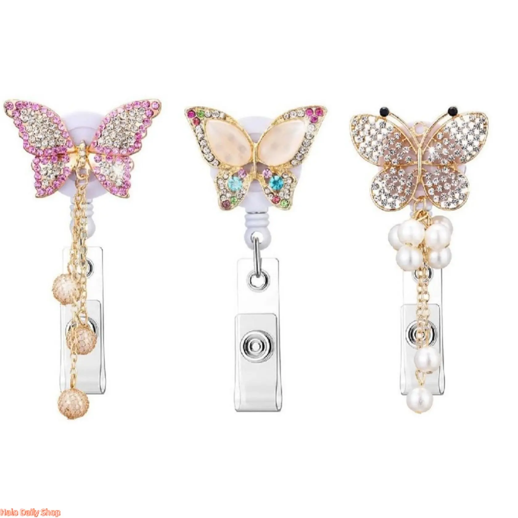 3pcs Rhinestone Butterfly Design Badge Holder, Premium Decorative Badge, Badge Decoration, 1 Count Retractable ID Badge Holder, Badge Reel, Name Badge Holder, ID Card Holder, Retractable Badge Holders, Office Stationery & Supplies homeessentials