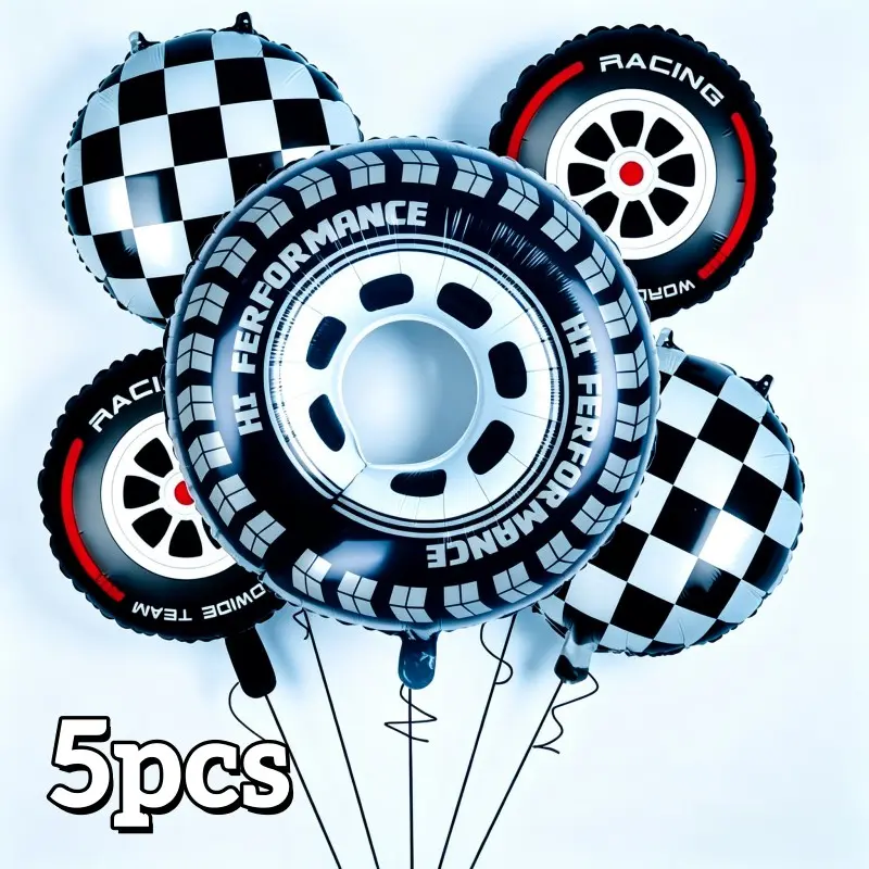 5-Piece Racing Theme Balloons Set, Large Tire Balloons, Small Race Car Tire Balloons, Checkered Ball, Perfect for Birthday Parties