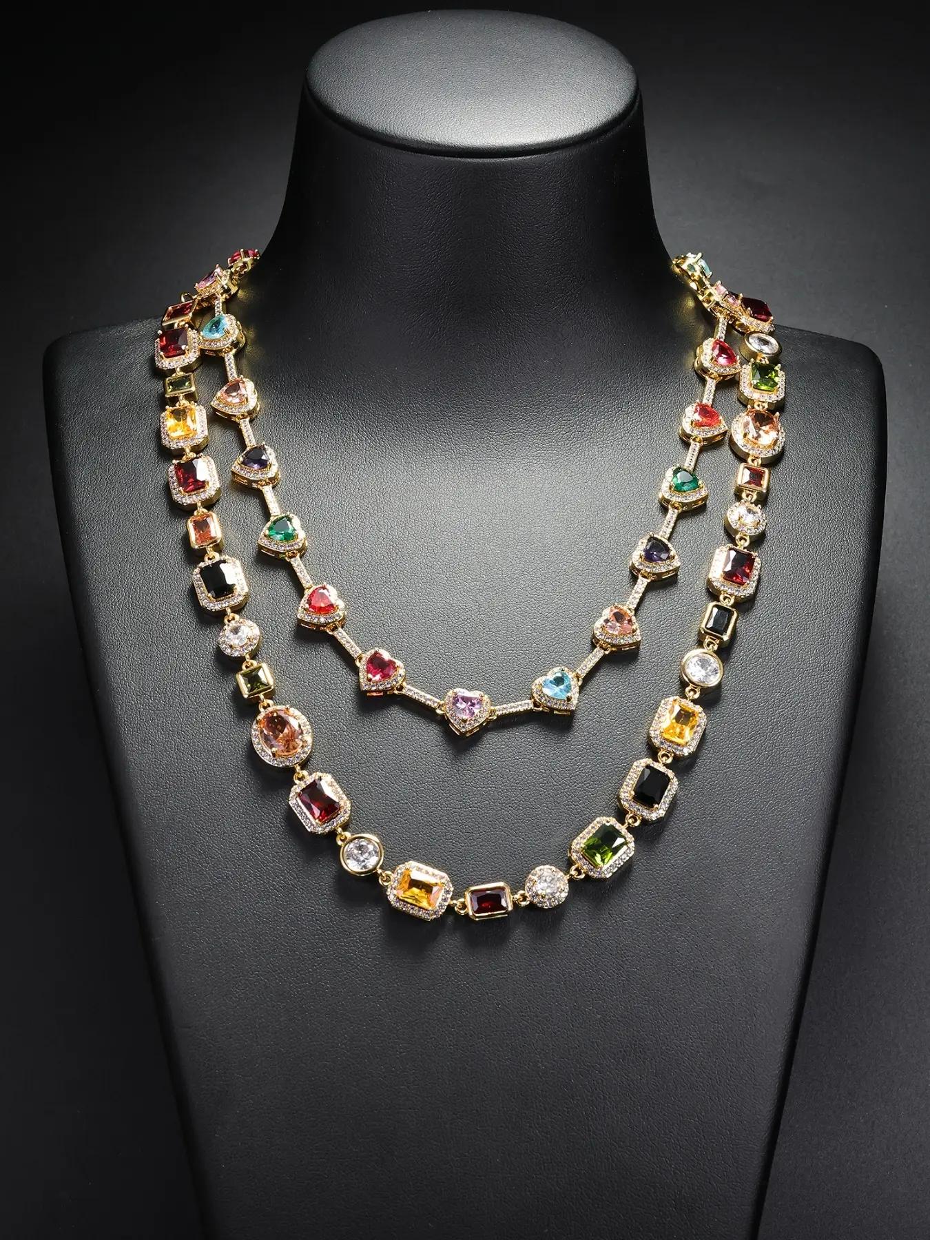 2PCS ICED CHICS Colorful Heart Necklace + Square necklace set, Iced Out Jewelry, hip-hop style, fashionable and avant-garde, set outfit, versatile style, shining multicolor synthetic zircon, the best choice as a gift