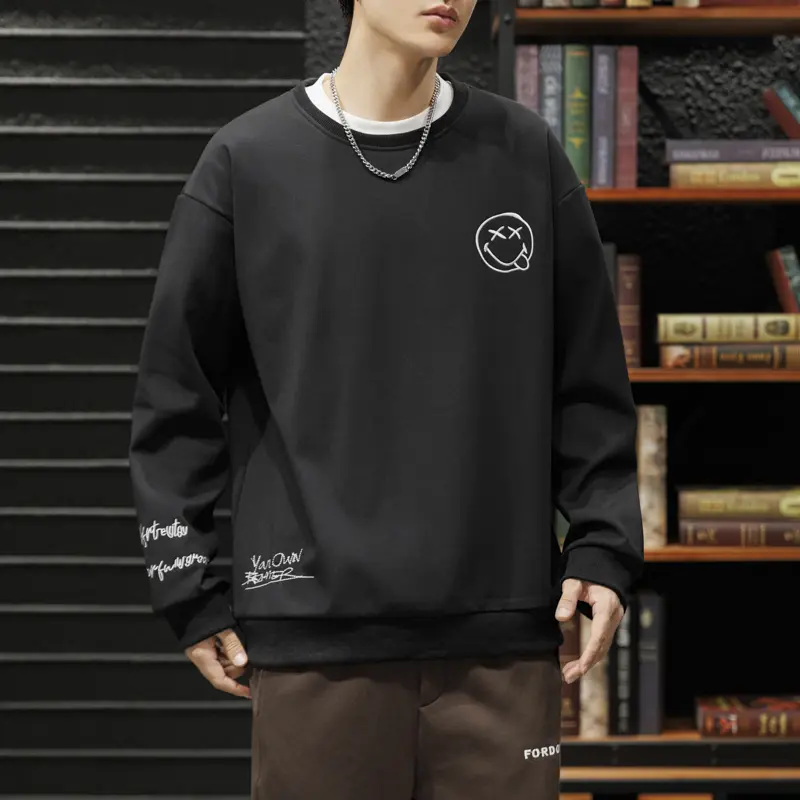 Men Crew Neck Sweatshirt, Cute Doodle Smiley Face Graphic On Chest, Handwritten Letter Prints At Hem And Sleeves, Ribbed Cuffs And Hem, Loose Fit Casual Long Sleeve Pullover Top