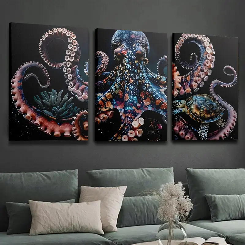 2D Flat, 3Pcs Canvas Paintings and Posters, Ready to Hang, Giant Octopus, Octopus, Marine Life Art, Home Decoration, Wall Art, Room Decoration, Home Wall Painting, High-Definition Print, Ideal Gift, Living Room, Bedroom, Dining Room and Office Decoration