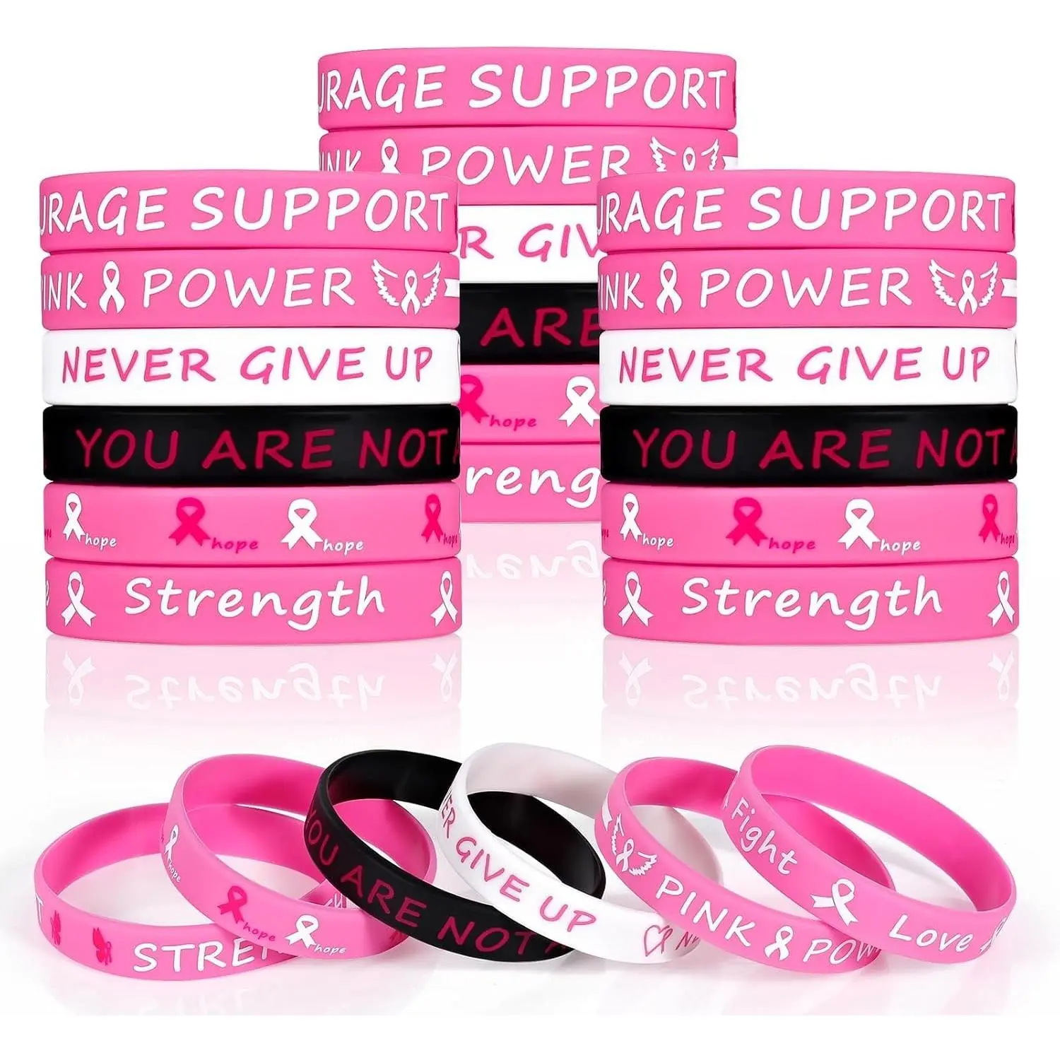 30PCS Pink Ribbon Breast Cancer Awareness Silicone Wristbands - Inspirational Rubber Bracelets with Hope Strength Message, Survivor Gifts, Party Favors for Women & GirlsGift