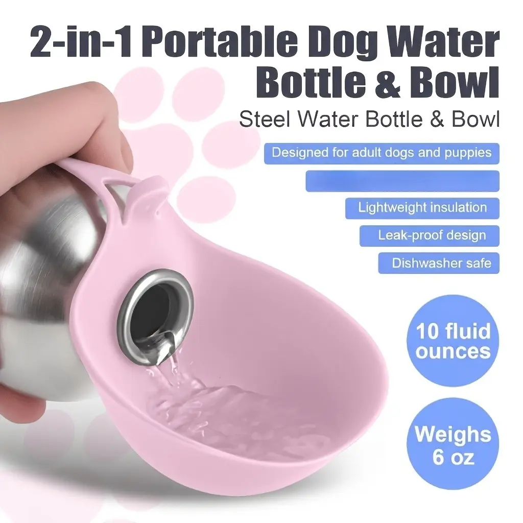 No more messy leaks! Portable stainless steel pet water bottle with bowl for walking & travel