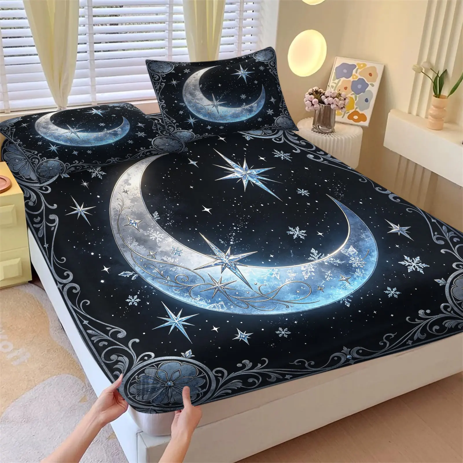 Mystical Blue Moon & Star Fitted Sheet Set, Bed Sheet Sets, Soft Breathable Gothic Night Sky Bedding, 1 Fitted Sheet + 2 Pillowcases, Dark Celestial Fantasy Bedroom Decoration, Gift for Mystic Galaxy Decor Fans, Decorative Bedsheet Sets