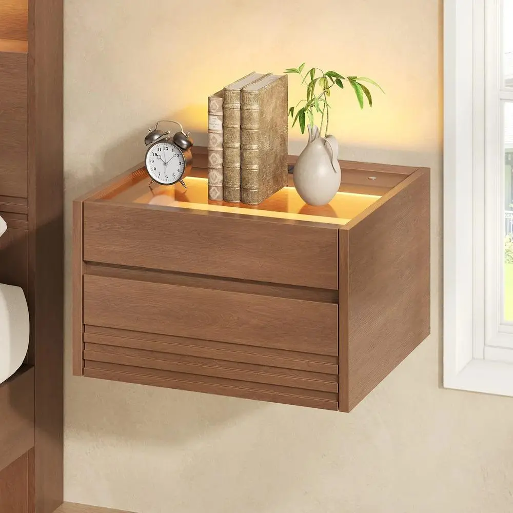 SIKAIC Floating Nightstand with Charging Station, Walnut Wall Mounted Bedside Table with LED Lights