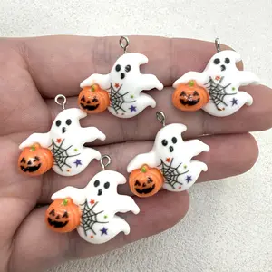 5pcs Resin Halloween Pumpkin Ghost Pendants, DIY Jewelry Making, Party Additions, Earrings, Necklaces, Bags, Party Decorations