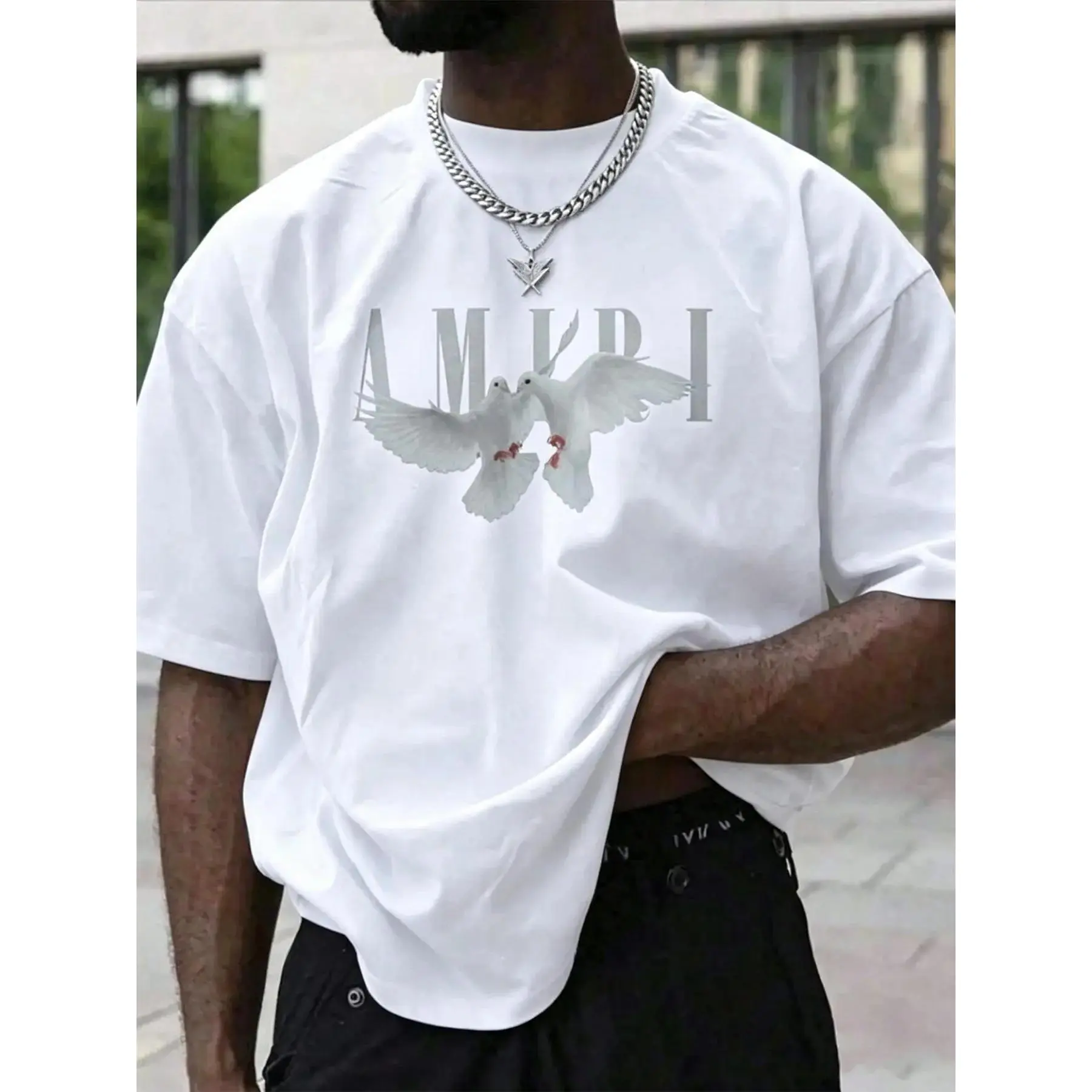 Men’s graphic T-shirt featuring pigeon and letter prints, oversized fit |   Casual hip-hop top, stylish Y2K street fashion apparel