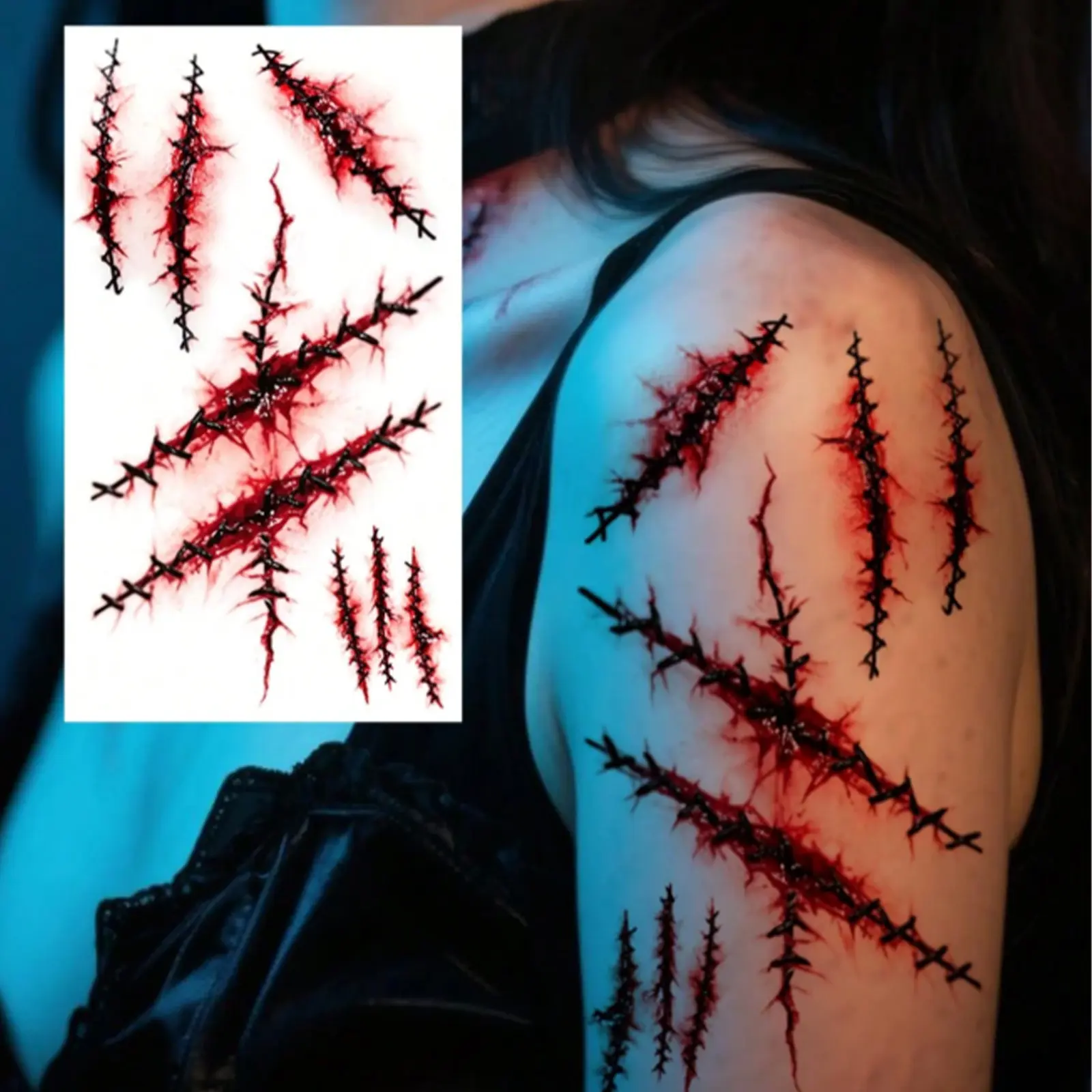 4PC Disposable Gothic Horror Tattoo Stickers, Realistic Faux Injury Decals for Cosplay Festivals, Halloween Face-Arm Prints (Sports & Outdoor Accessories), Realistic Look