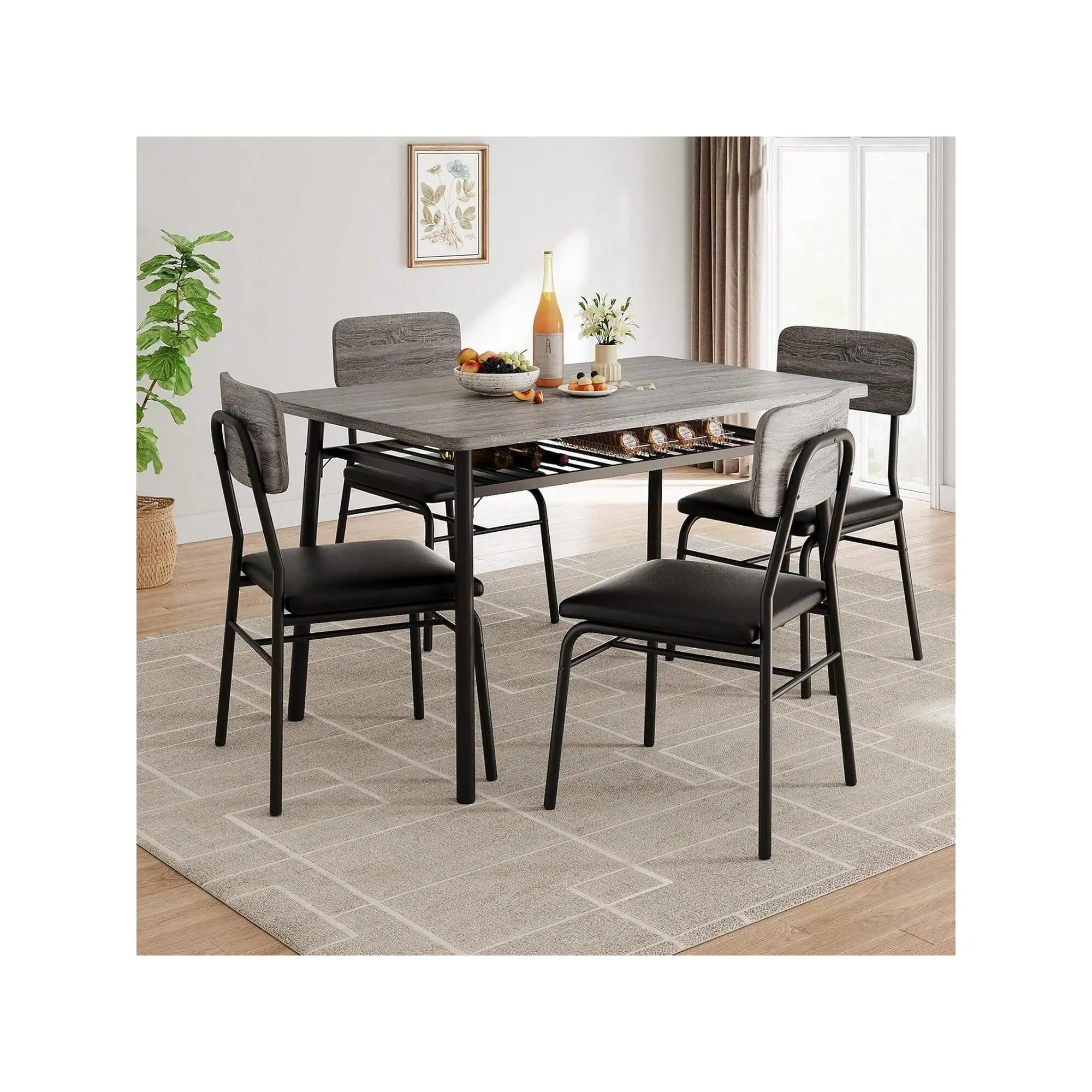 GARVEE 5-Piece 4-in-1 Contemporary Dining Room Furniture Set - MDF Top, Heavy Duty Metal Frame, Storage Organization Rack, 4 Upholstered Ergonomic Sliding Chairs (150 lb Capacity) for Small Indoor Spaces, Apartment Decor Ideas
