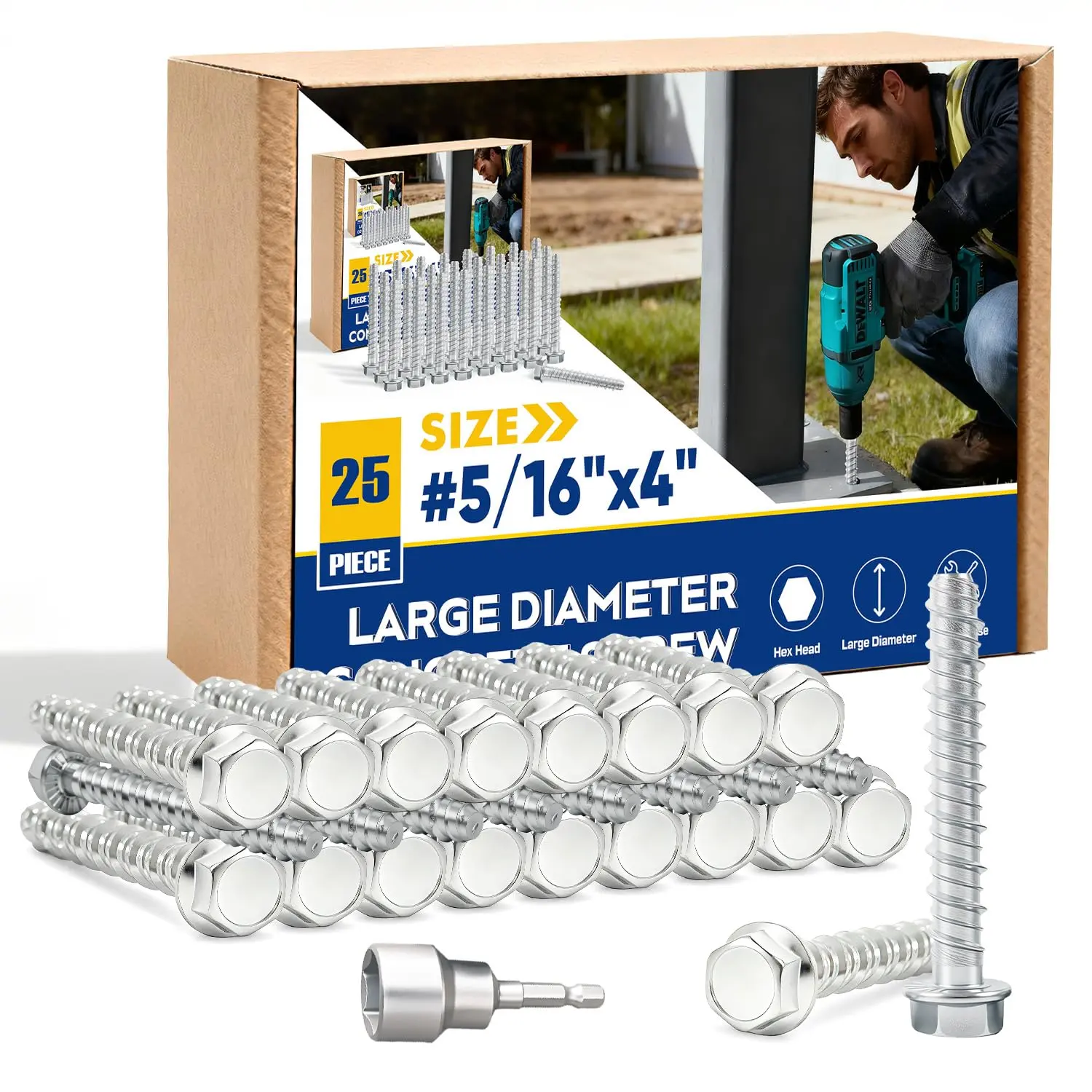 5/16" x 4" Large Diameter Concrete Screw 25 Pack - Heavy Duty Concrete Anchors, Masonry Screws for Brick, Block,  & Framing - Zinc Plated Hex Screws