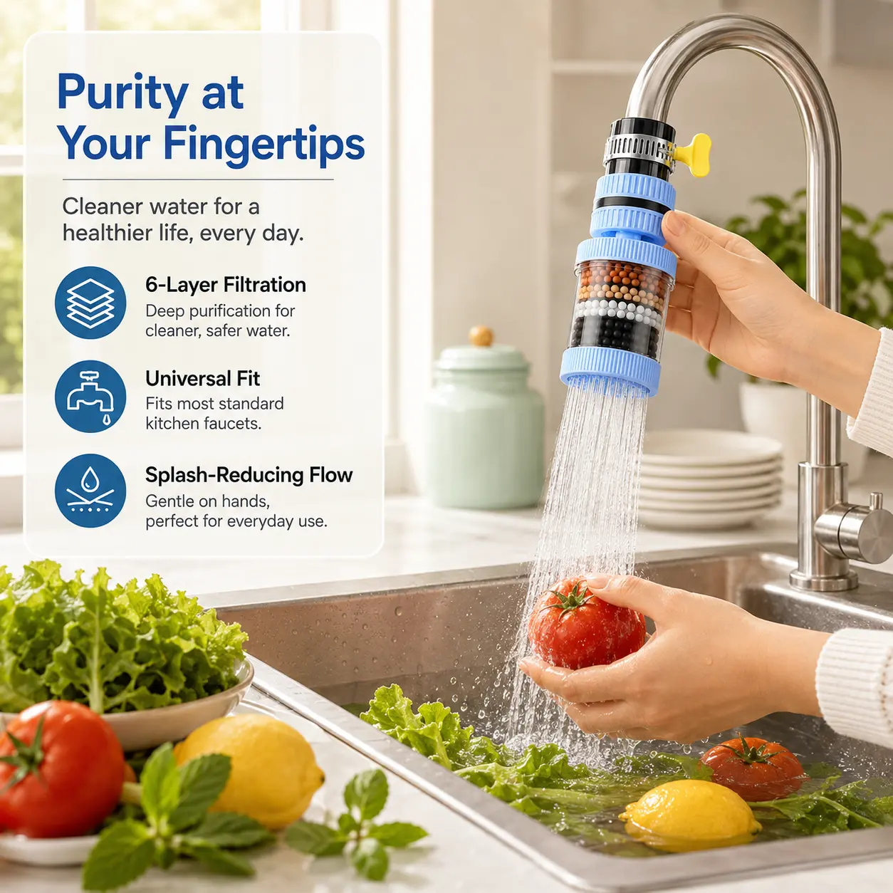 6 Layer Filtration Faucet Water Filter 360 Degrees Rotatable Splash Free, for Kitchen Sink Washing Fruits Vegetables and Dishes - MM2