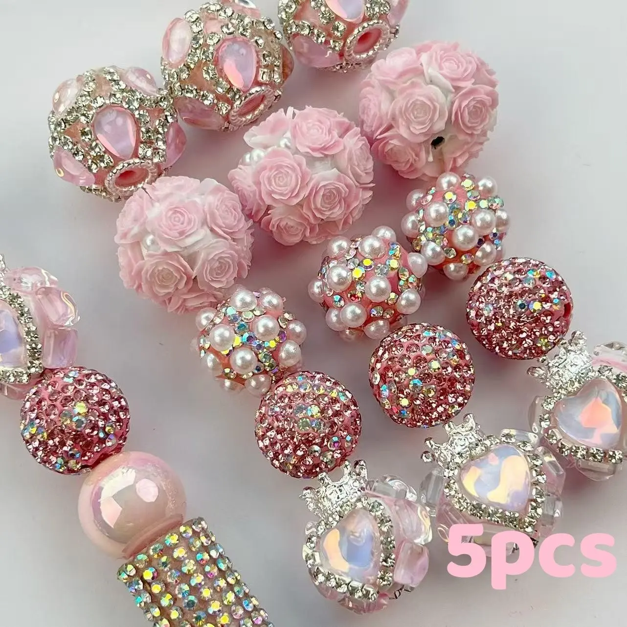5pcs DIY Bead Set, Mixed Princess Beads, Acrylic Bead Mix, Sparkly Rhinestones, Pearl Crown, Rose and Heart Charms, Fashionable Jewelry Making Kit, Bead Bracelet Making Kit, Beads For Jewelry Making