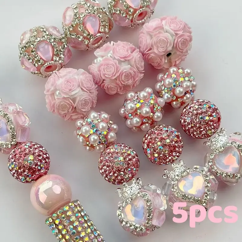 5pcs DIY Bead Set, Mixed Princess Beads, Sparkly Rhinestones, Pearl Crown, Rose and Heart Charms, Fashionable Jewelry Making Kit, DIY Beading Supplies