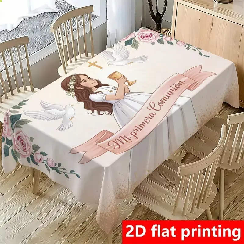 2D Flat Party Tablecloth, Religious Tablecloth for Baptism, Communion, Christmas, Wedding, Church Events, Polyester Rectangular Tablecloth