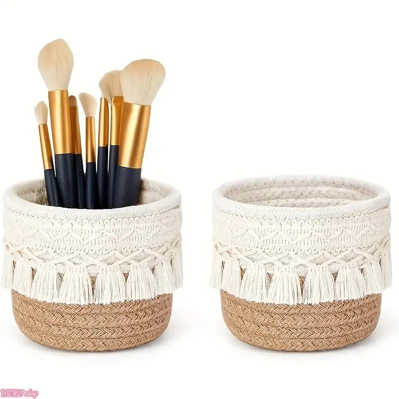 Tassel Round Woven Storage Basket | Viral Desktop Cosmetic Organizer, Makeup Brush Holder Handwoven Decor Basket, Multifunctional Countertop Caddy for Vanity Bathroom Dresser Skincare Station Home Decor Gift