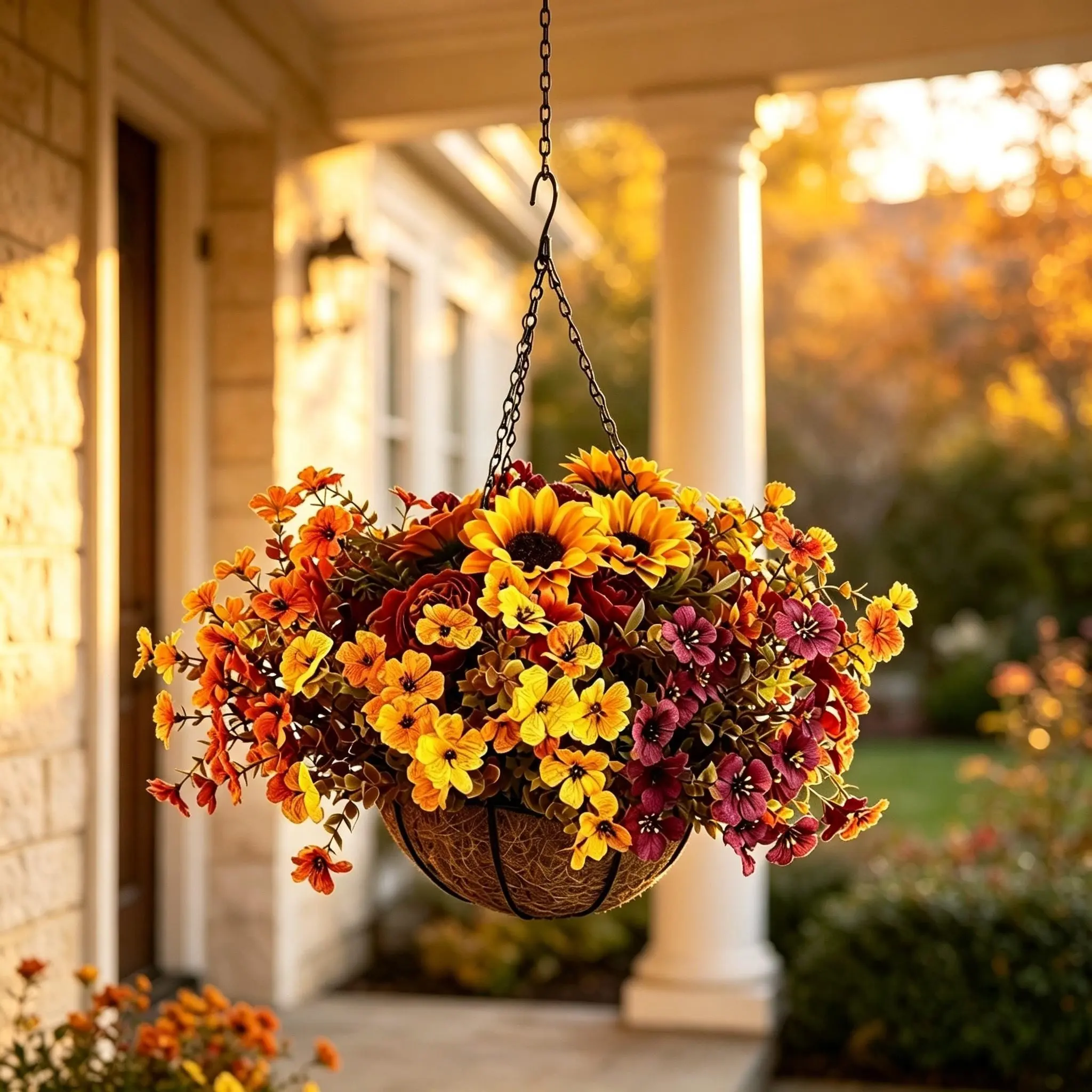 2 Sets Autumn Artificial Hanging Flower Baskets, Decorative Sunflower Arrangement, UV-Resistant, Weatherproof, Metal Chain, Ideal for Home Decor