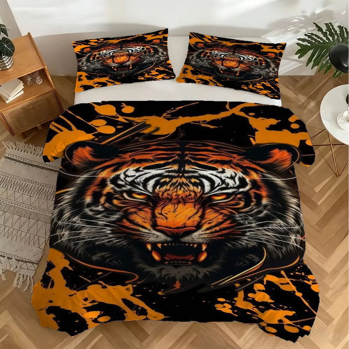 Aggressive Tiger Head Pattern Duvet Cover Set, 2/3Pcs Cool Art Paint Pattern Bedding Set, Masculine Wild Animal Bedroom Decor, Ideal Gift for Men and Tiger Lovers. 1 or 2 Pillowcase, No Filling
