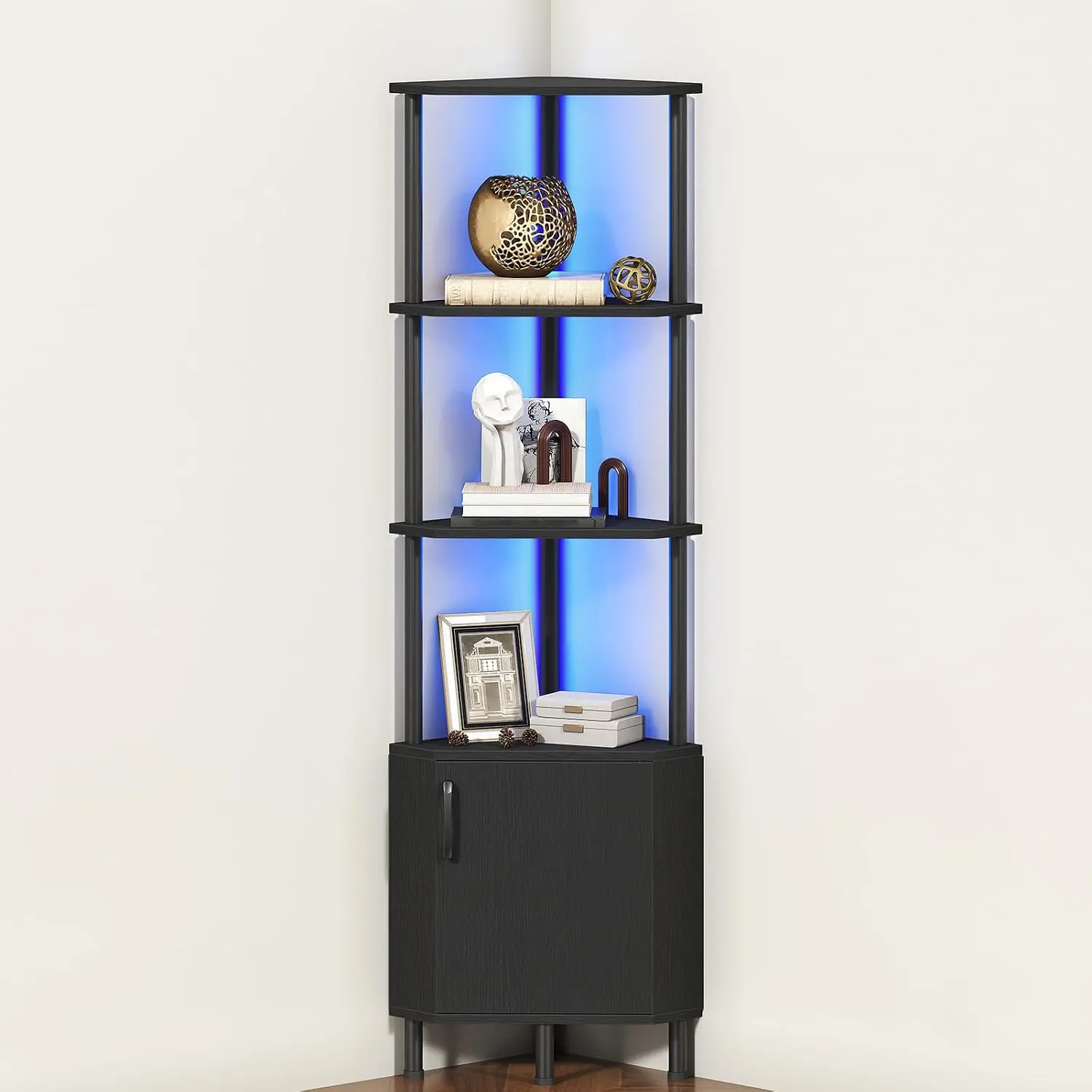 Corner Cabinet with LED Light, Corner Shelf Stand with Storage and Doors, 5-Tier Industrial Corner Bookshelf, 59” Tall Display Rack Shelf, for Living Room, Kitchen, Black BB147DCJ01