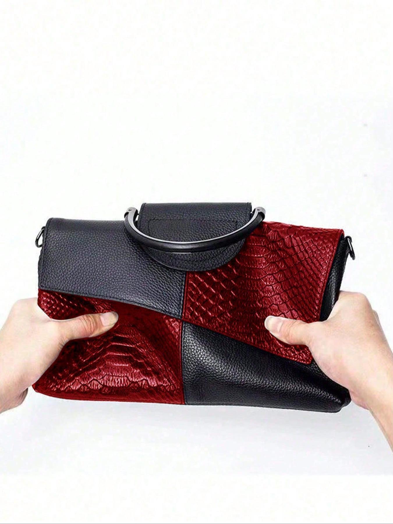 Women's Fashionable Colorblock Snakeskin Embossed Handbag, Elegant Shoulder Bag for Party, Trendy All-match Crossbody Bag for Daily Use, Flap Crossbody Purse