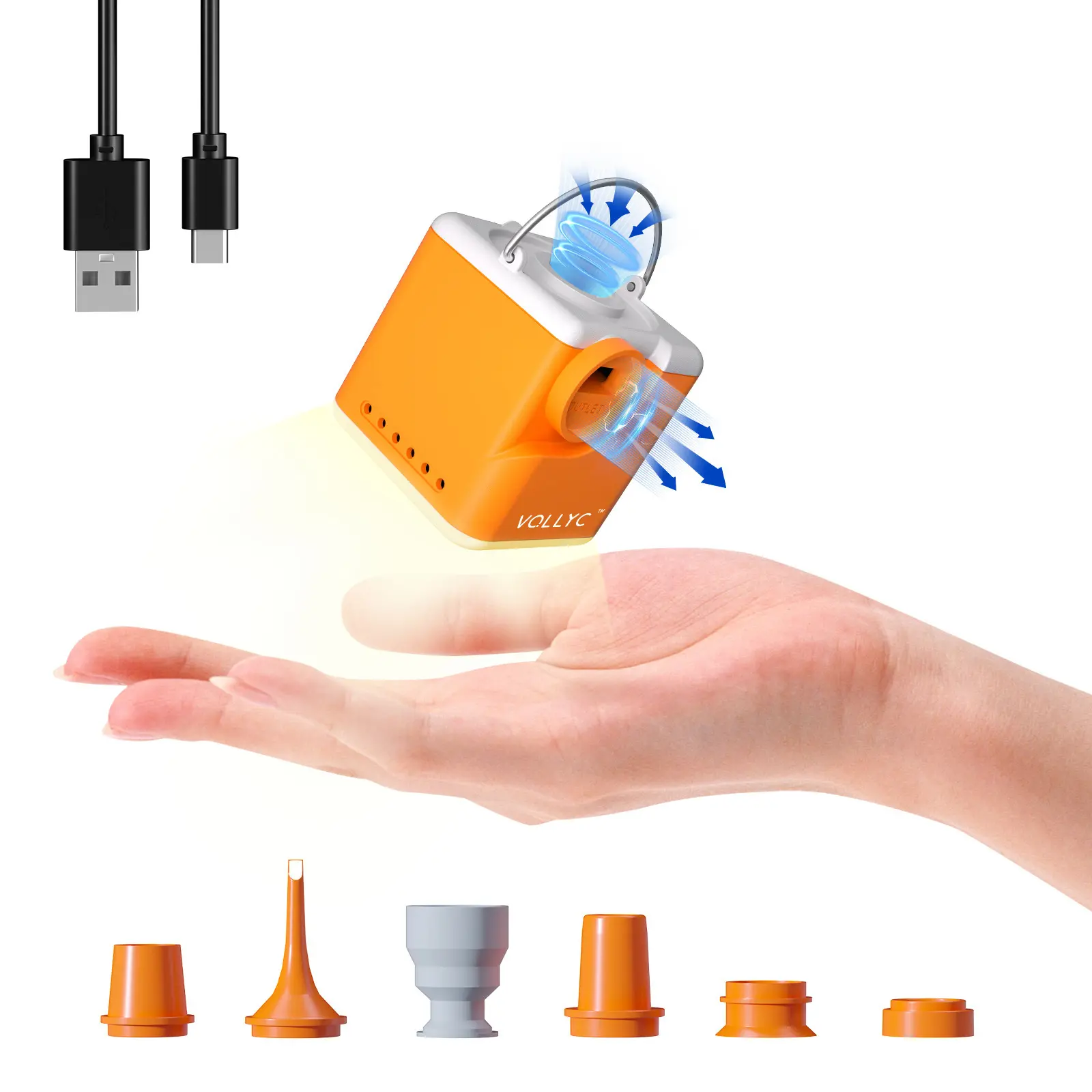 Compact Mini Palm-Sized 3-in-1 Rechargeable USB Portable Camping Air Pump, Vacuum & LED Light, Electric Inflator Deflator for Air Mattress, Pool Floats, Storage Bags