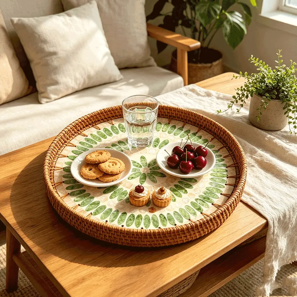 Handmade Woven Rattan Round Shell Tray, Bohemian Style Natural Mother-Of-Pearl Jewelry Organizer, Home Afternoon Tea Fruit Plate, Key Fragrance Holder