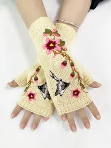 Women's Vintage Boho Floral Fingerless Gloves, Slim-Fitting Knit Mitts for Fall & Winter, Decorative Warm Half-Pointer Gloves
