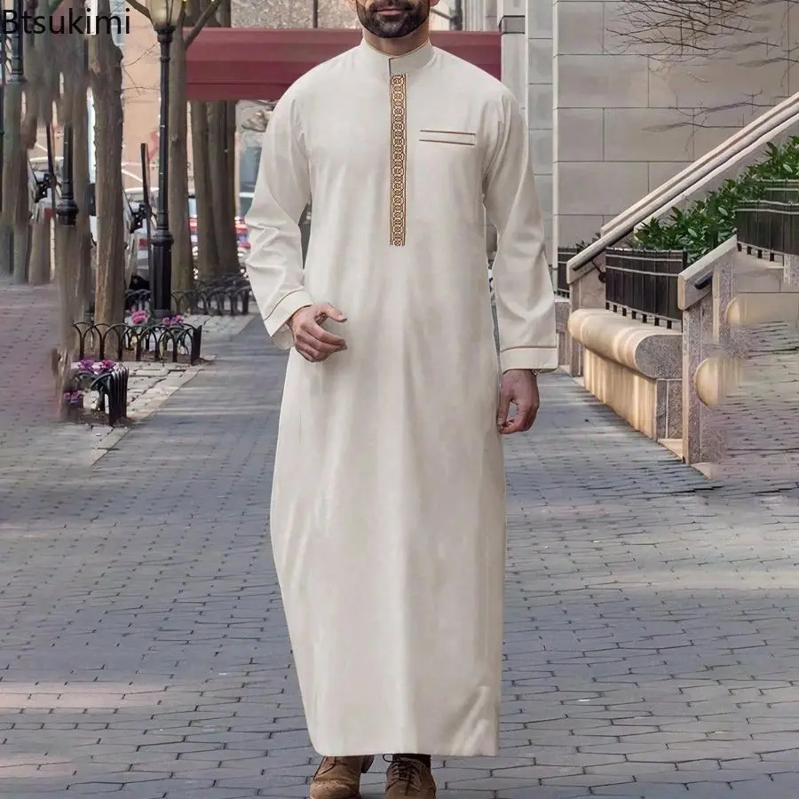 Ethnic Style Muslim Men Dress Moroccan Pakistan Thobe Patchwork Embroidery Stand Collar Robe Saudi Arabic Kaftan Islam Clothing