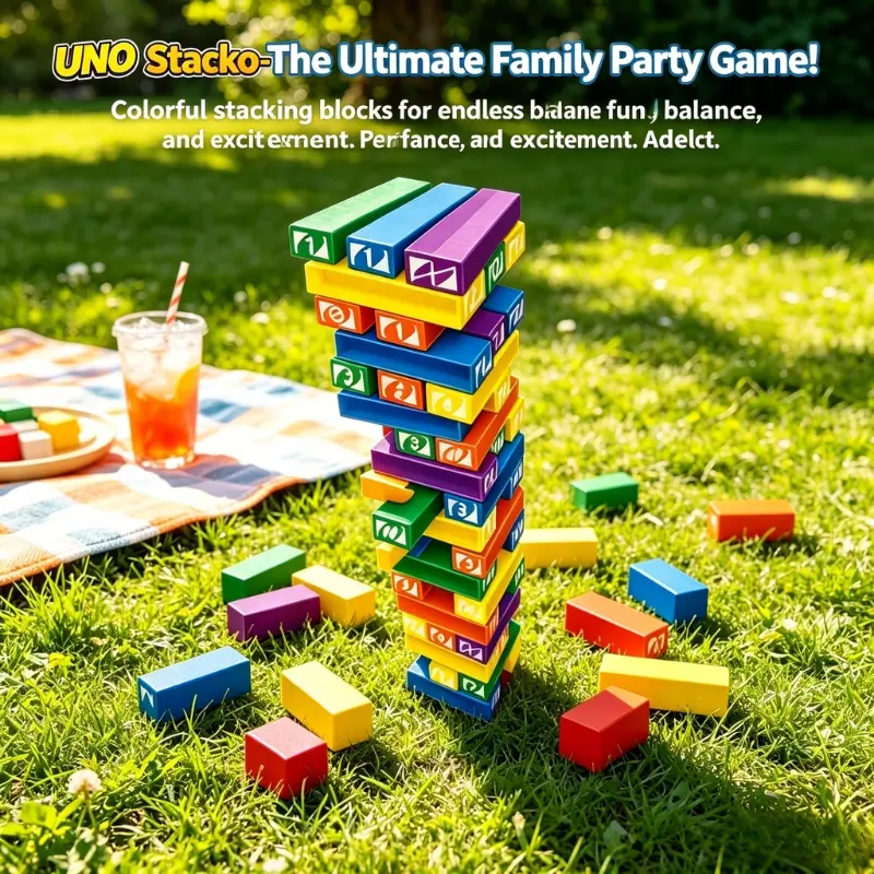Hot New Design UNO Stacko Multi-color Digital Tumbling Tower Blocks Balance Challenge Board Game Multi-scene Table Decor Parent-child Interactive Prop Gift