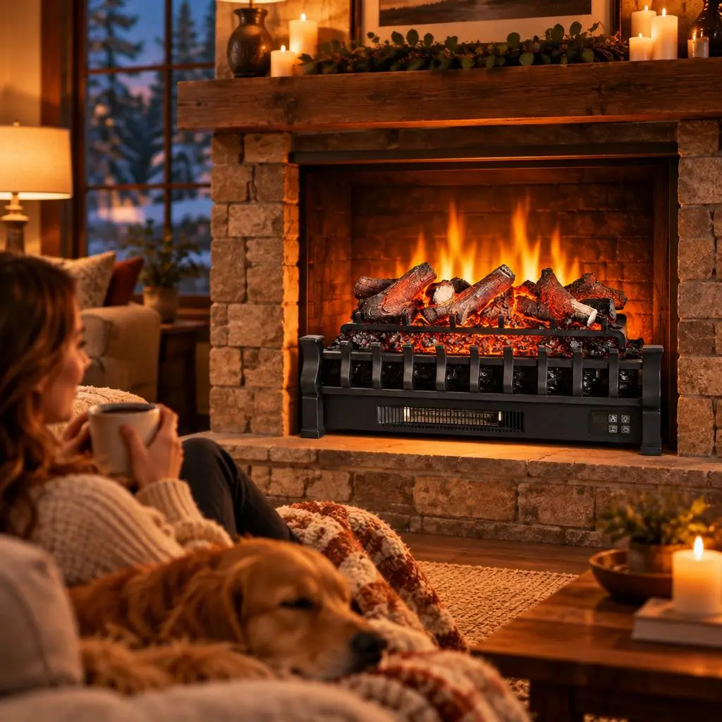26" Electric Fireplace Log Set with Realistic Wood-Look Logs, Black Plug-In Design, 1500W 120V Fireplace Insert Heater with Remote Control, No Wood or Ash, for Homeowners, Living Rooms, Hearths & Fireboxes