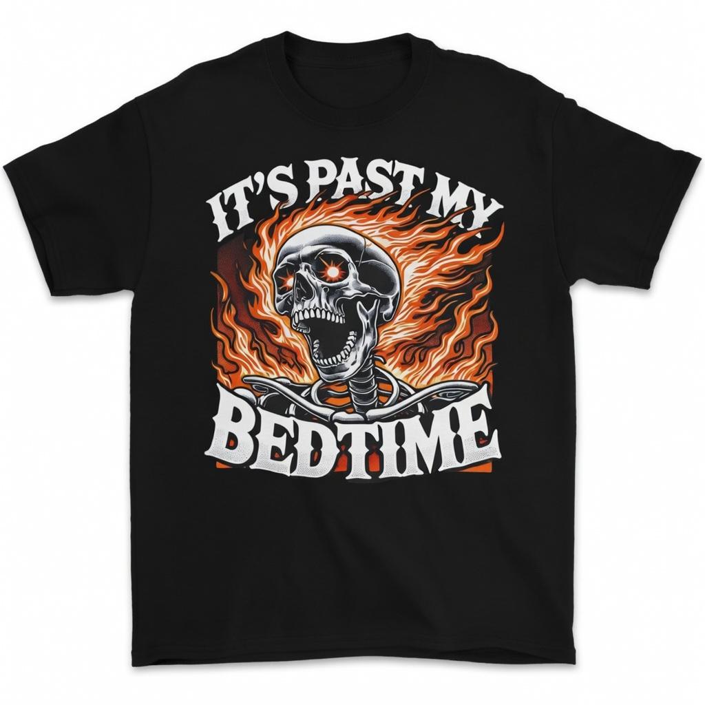 It's Past My Bedtime T-Shirt, Funny Skeleton Meme Flames Graphic Tee, Ironic Tired Humor Short Sleeve Apparel, Aesthetic Embarrassing & Stupid Meme Gift Fashion Top, Viral Trendy Sarcastic Statement Streetwear Shirt