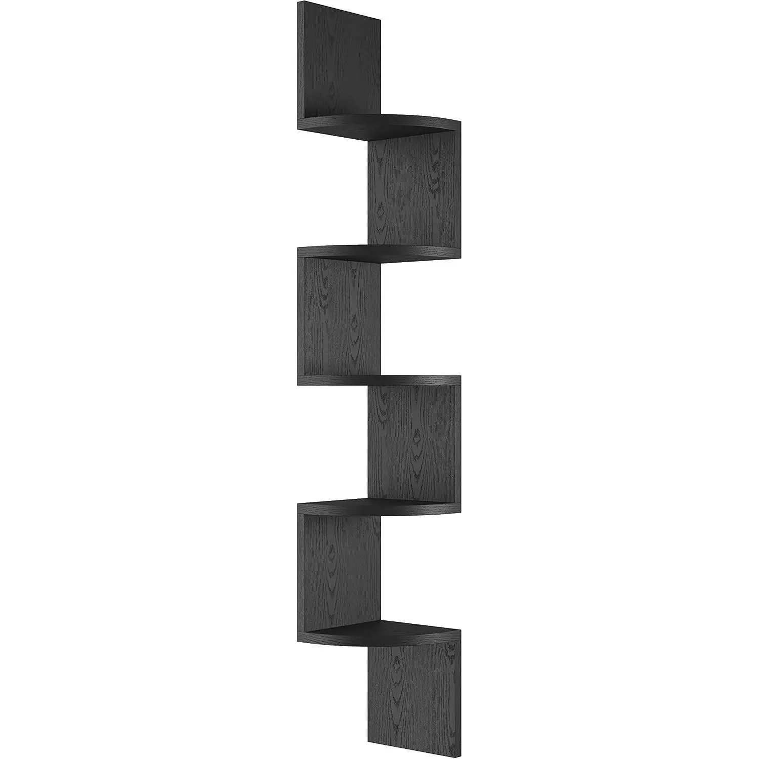 5-Tier Wall Mount Radial Floating Corner Shelf, Wood Display Storage Shelves for Home Office Decor (Black)