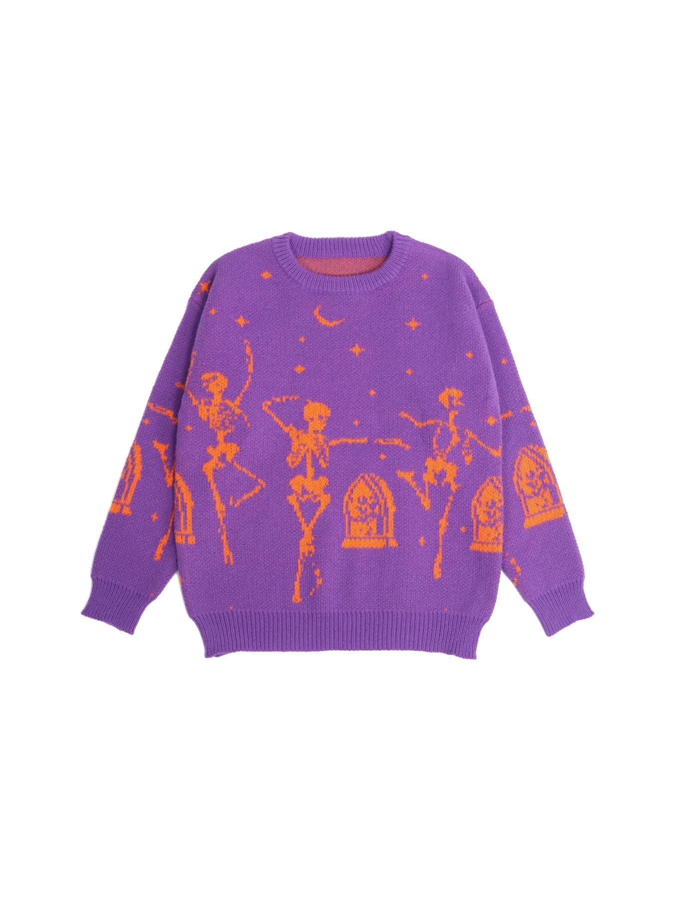Women's Halloween Skeleton & Star Moon Print Round Neck Soft Sweater, Casual Long Sleeve Crew Jumper for Fall, Costumes, Fashion Ladies' Knitwear Daily Wear, Everyday, Womenswear, Knitting, Tops, Graphic stretch fit