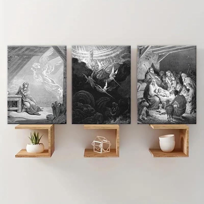 3 Counts Wooden Framed Canvas, Nativity Scene Angel Mary Jesus, Exquisite Poster, Perfect Living Room Decoration, Fashion Family Poster, Wall Art Decoration, Odorless, Waterproof, Artwork, Western Wall Art