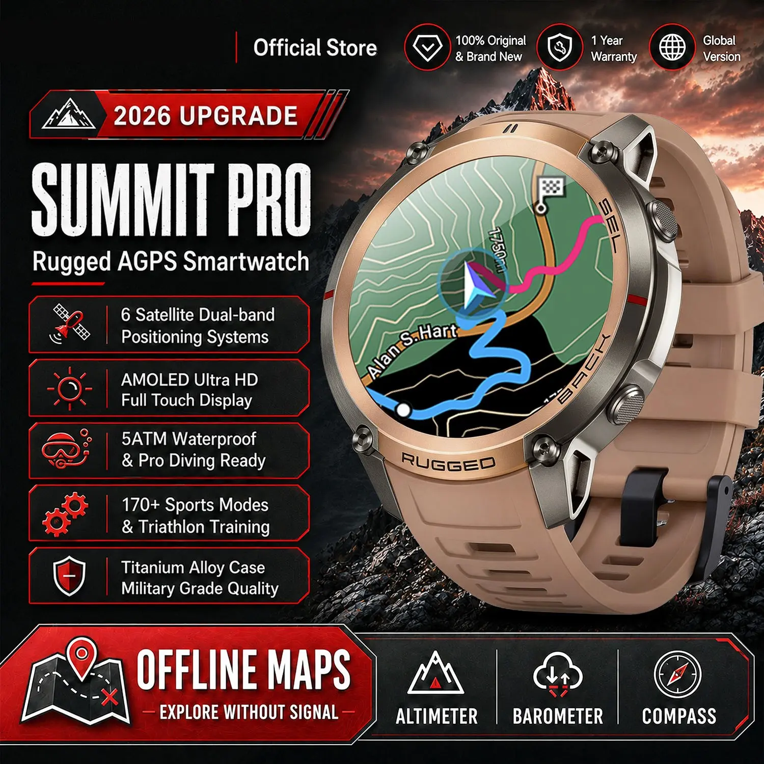 AMOLED Smart Watch Featuring Global 6-Satellite GPS Men Outdoor Sports Offline Map Altimeter Compass BT Call Smartwatch
