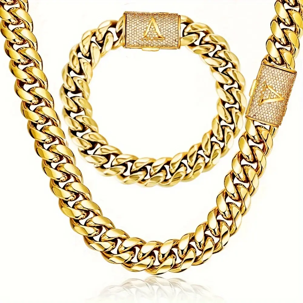 2-piece Miami Cuban link set, suitable for men's hip-hop jewelry, gold stainless steel cut simulated diamond letter A clasp bracelet necklace