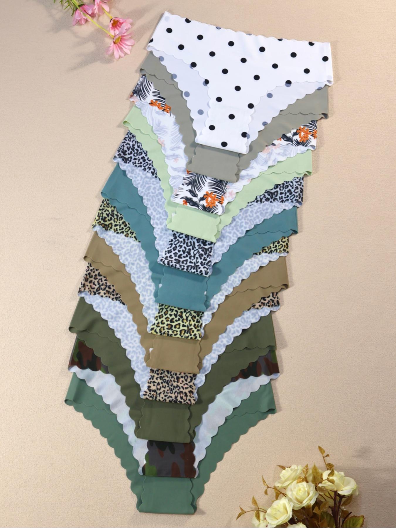 Women's Plain/Leopard Print Scallop Trim Knicker, Soft Comfy Breathable Drop Waist Panty for Daily Wear, Ladies Underwear for All Seasons, Lingerie