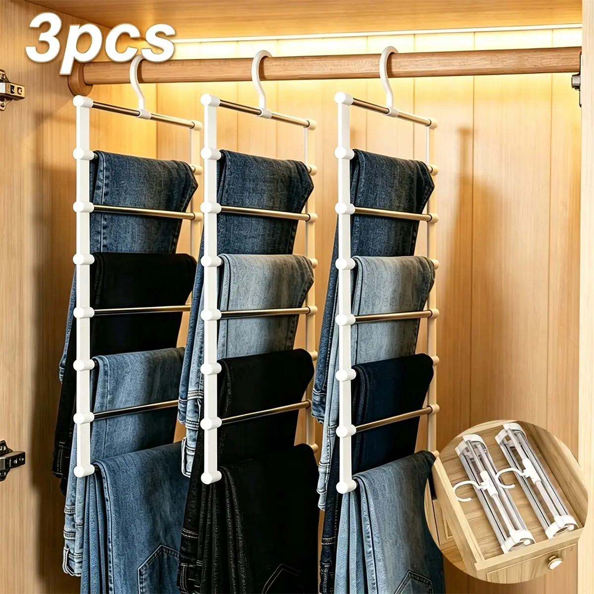 3pcs 6 Tier Stainless Steel Foldable Pants Hanger, Space Saving Non Slip Jeans Trouser Organizer, Portable Closet Storage, Dorm Gift, Foldable Hangers