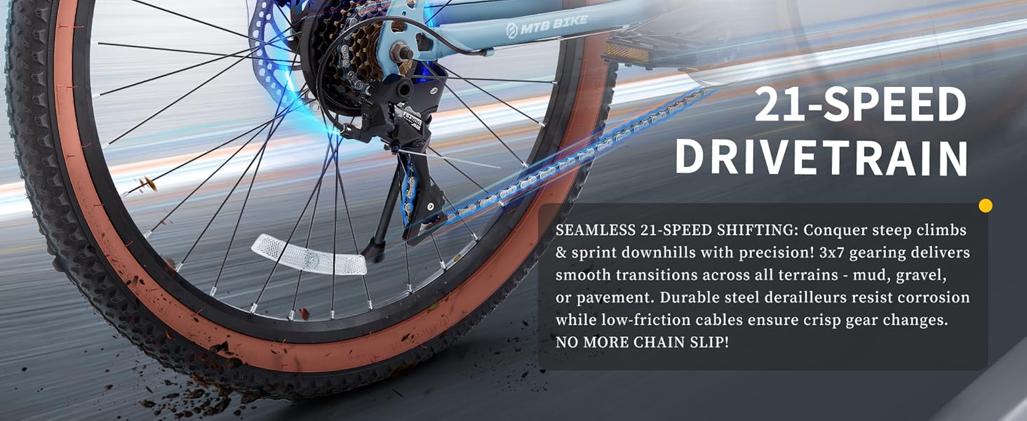 24/26 inch Kids Mountain Bike for Boys/Girls/Men/Women 21 Speeds Kids Bike, 2.125'' Tires MTB Bicycle with Suspension Fork, Dual Disc Brakes, Internal Wiring Frame, Auxiliary Handle