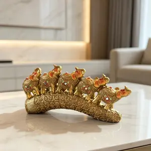 Golden Resin Elephant Statue, Thai Style Feng Shui Decor, Luxury Home Desktop Ornament, Crystal Embedded, Vintage Gold Finish