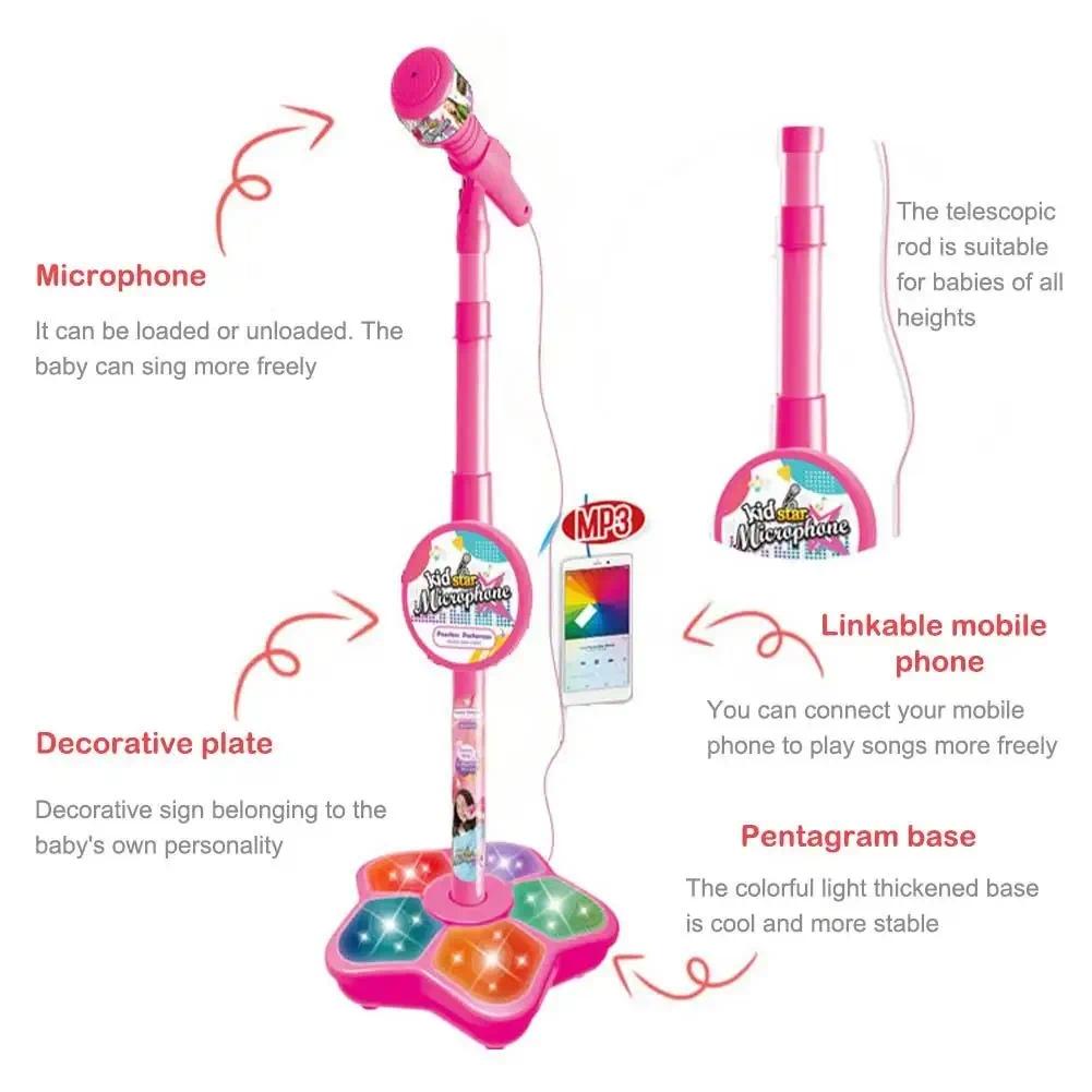 Kids Microphone with Stand Karaoke Song Music Instrument Toys Brain-Training Educational Toy Birthday Gift for Girl Boy LED Adjustable