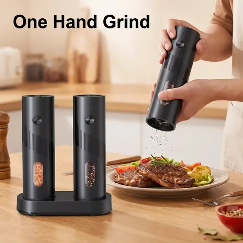 Modern Electric Salt & Pepper Grinding Tool Set, 1 Set with 2 Usb Rechargeable Seasoning Grinding Bottles with 1 Storage Base, Kitchen Seasoning Utensils, Kitchen Gadgets, Kitchenware, Gifts, Salt Pepper Shakers