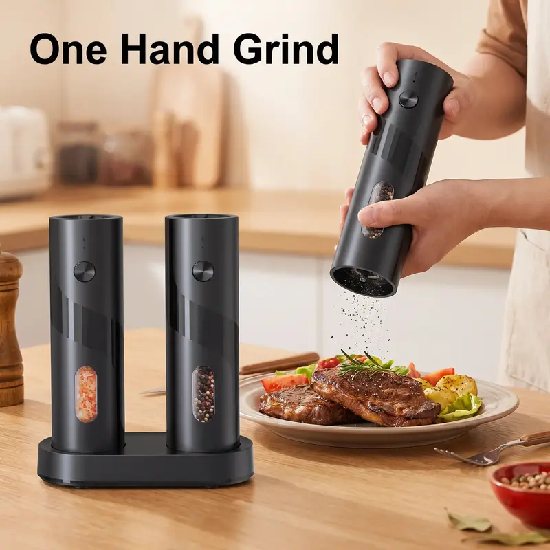 Modern Electric Salt & Pepper Grinding Tool Set, 1 Set with 2 Usb Rechargeable Seasoning Grinding Bottles with 1 Storage Base, Kitchen Seasoning Utensils, Kitchen Gadgets, Kitchenware, Gifts, Salt Pepper Shakers