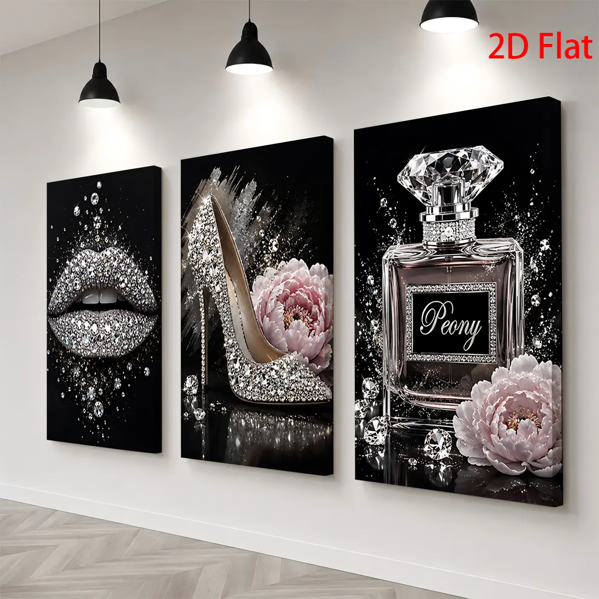 3pc Decorative Wood 2D Diamond Art Canvas Paintings Wall Decor - Waterproof Black Background Prints with Lip, Shoe, Perfume, Peony Patterns, Chic Wall Arts, Ready-to-Hang Home Decor Posters, Box Pack