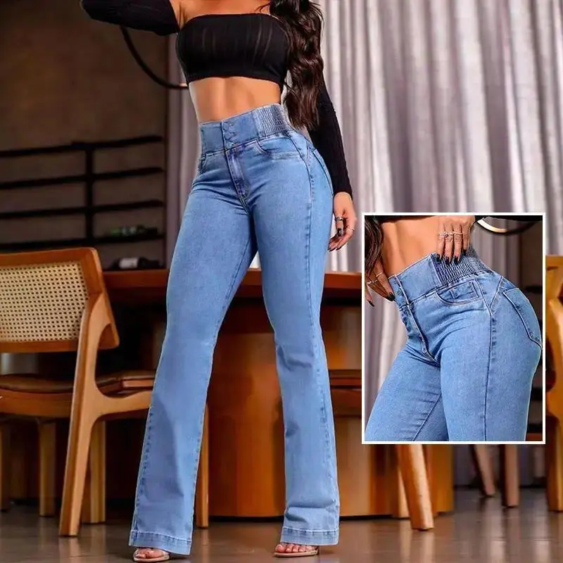 Women’s High Waisted Jeans, Button Front Denim Pants with Shirred Back Waist and Pockets, Minimalist Casual Everyday Wear