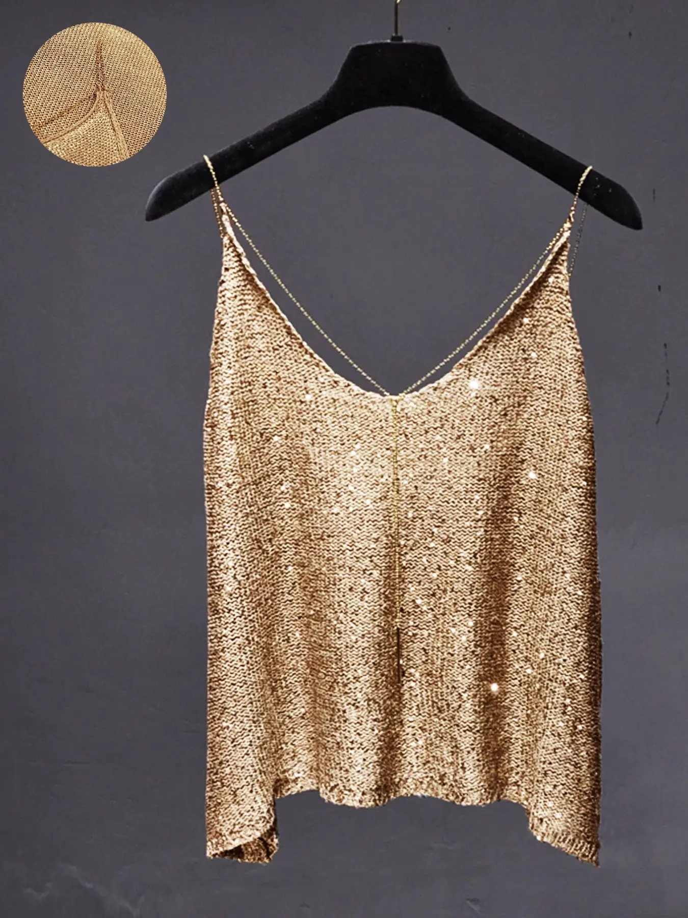 Women Gold Sleeveless Spaghetti Strap Top, Shiny Metallic Knit Tank, Sexy Slim Fit Feminine Camisole, Trendy Women’s Fashion Tops, Party, Club, Summer Night Out, Vacation, Casual Chic, Layering Essential for Ladies